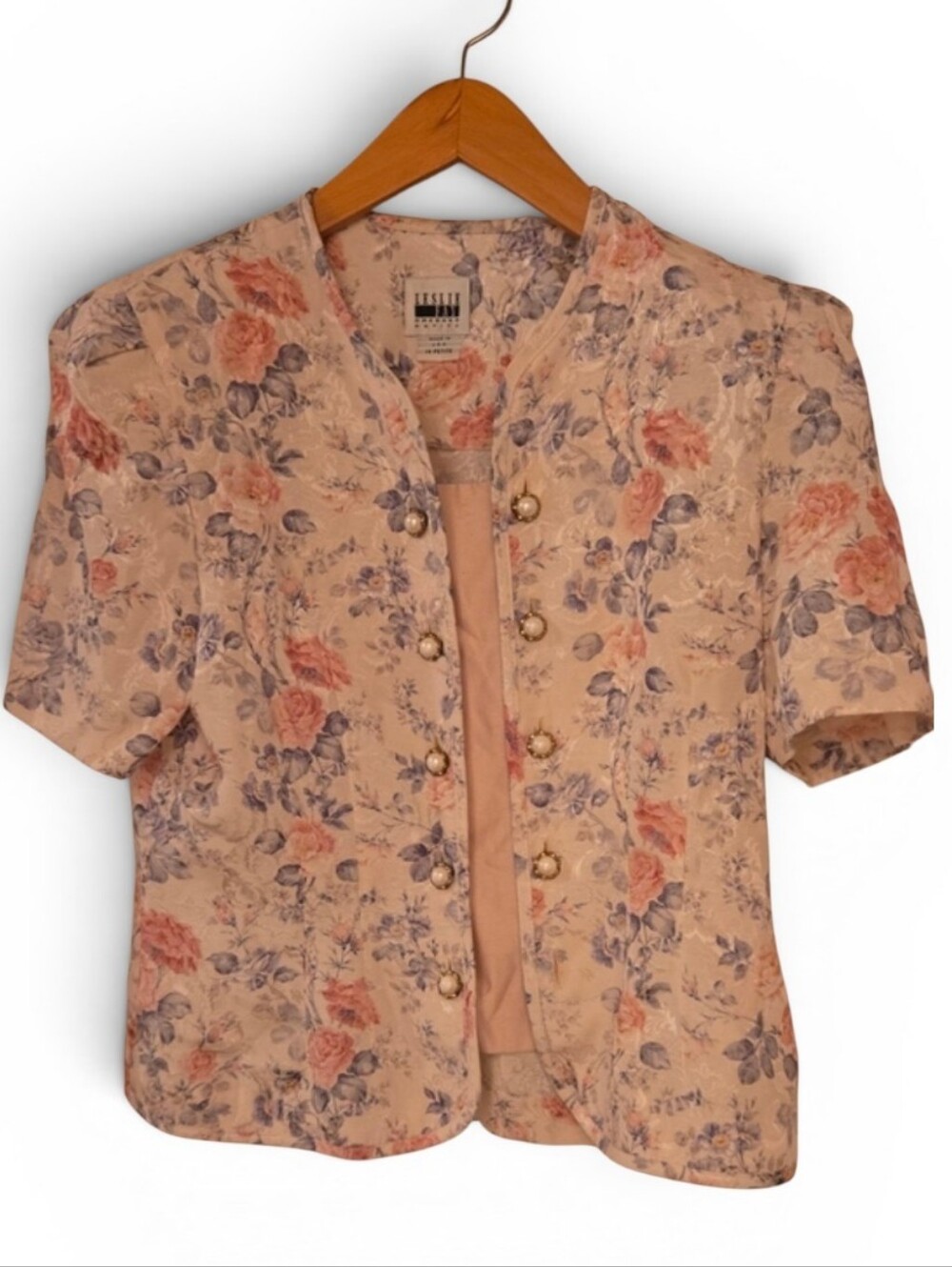 Leslie Fay Cream Floral Button-Front Short Sleeve Top